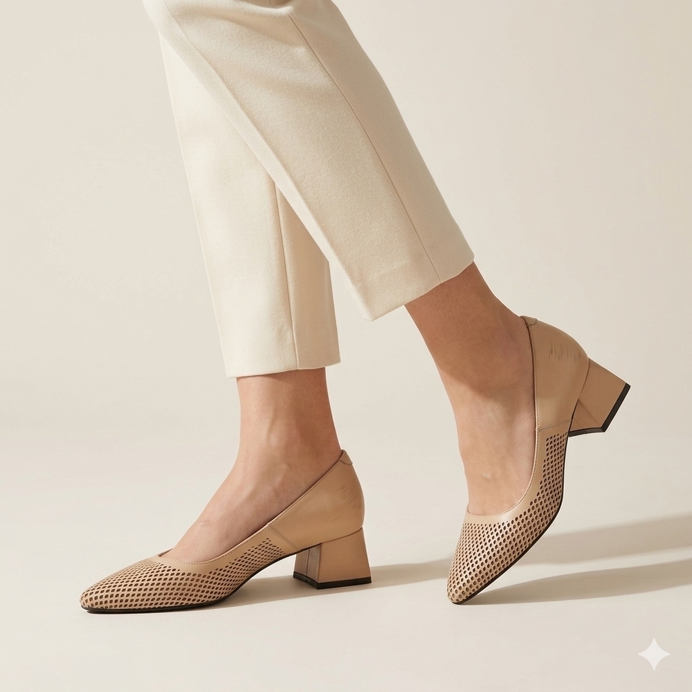 ​Jimmy Rossi Laser Cut Leather Block Heel Pumps Beige Size 39/40
